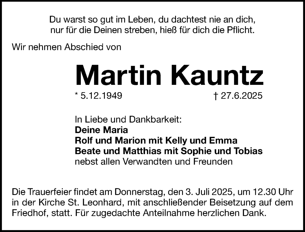  Traueranzeige für Martin Kauntz vom 02.07.2025 aus Gesamtausgabe Nürnberger Nachrichten/ Nürnberger Ztg.