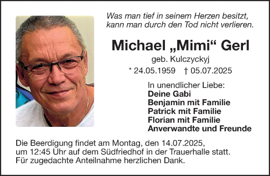 Traueranzeige von Michael Gerl von Gesamtausgabe Nürnberger Nachrichten/ Nürnberger Ztg.