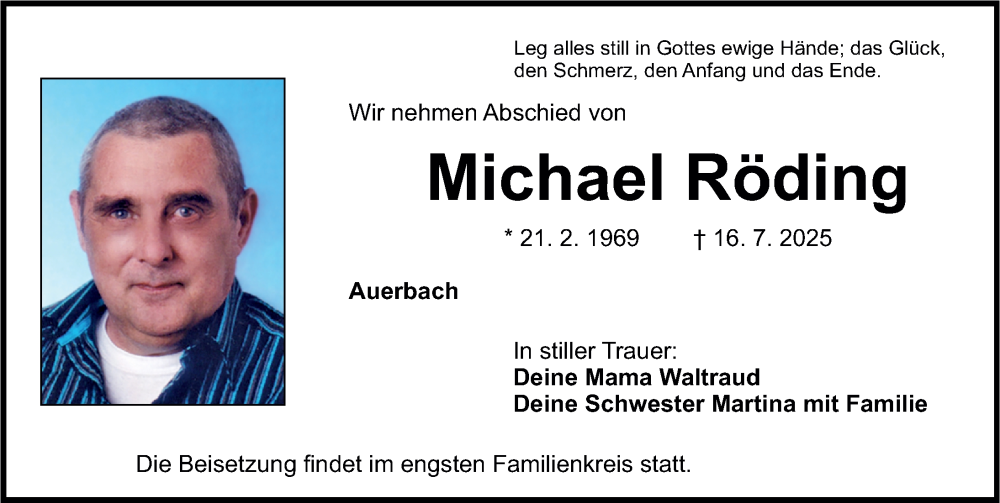  Traueranzeige für Michael Röding vom 19.07.2025 aus Nordbayerische Nachrichten Pegnitz Lokal