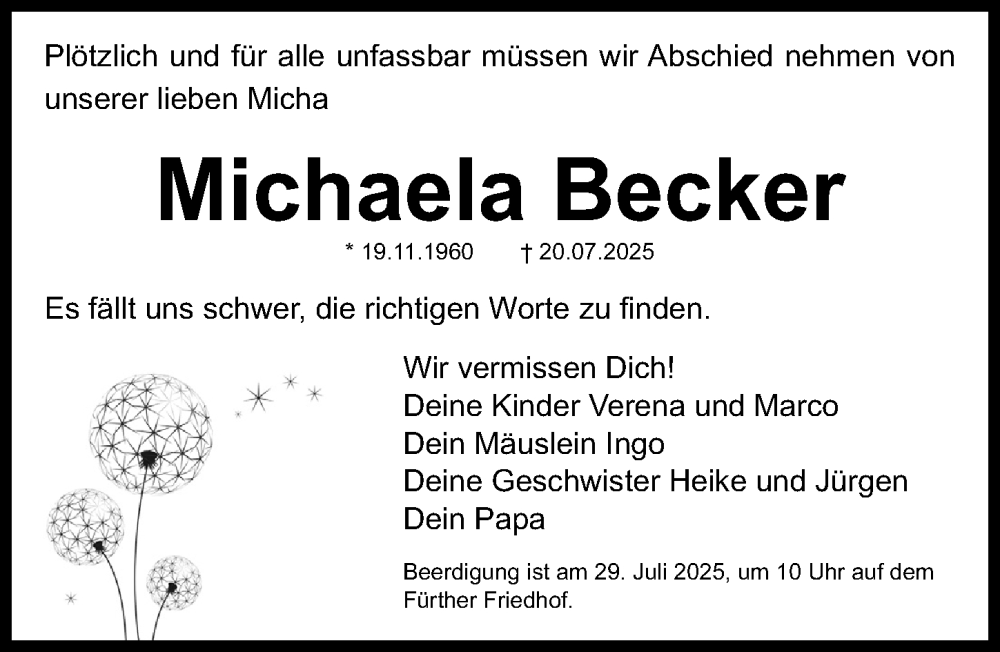  Traueranzeige für Michaela Becker vom 26.07.2025 aus Fürther Nachrichten Lokal