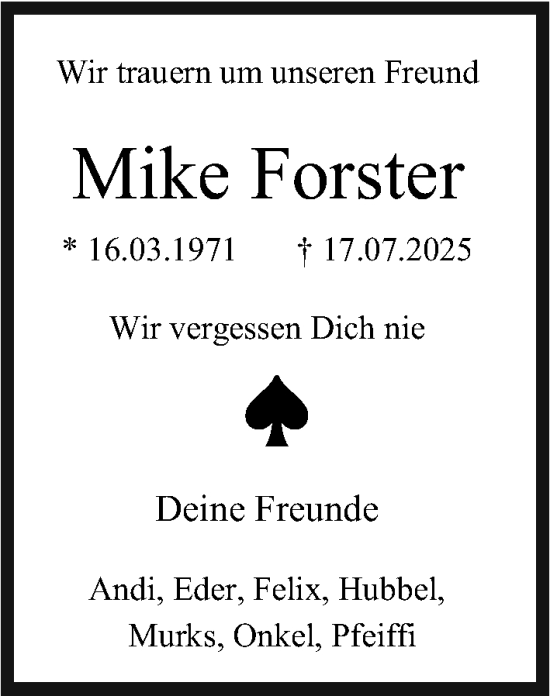 Traueranzeige von Mike Forster von Gesamtausgabe Nürnberger Nachrichten/ Nürnberger Ztg.