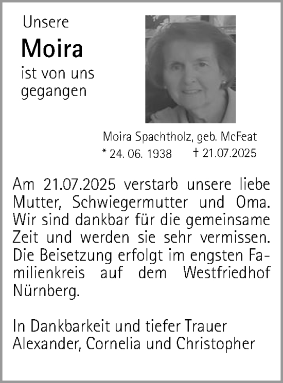 Traueranzeige von Moira Spachtholz von Gesamtausgabe Nürnberger Nachrichten/ Nürnberger Ztg.
