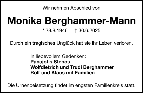 Traueranzeige von Monika Berghammer-Mann von Gesamtausgabe Nürnberger Nachrichten/ Nürnberger Ztg.