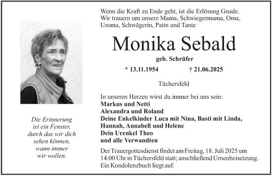 Traueranzeige von Monika Sebald von Nordbayerische Nachrichten Forchheim Lokal