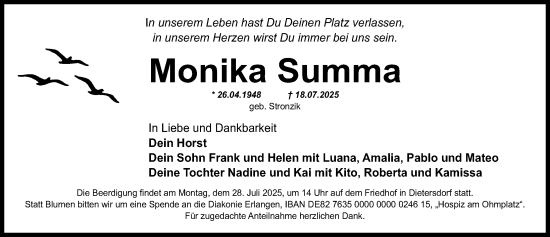 Traueranzeige von Monika Summa von Fürther Nachrichten Lokal