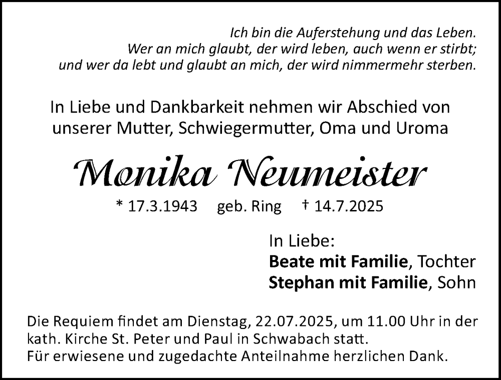  Traueranzeige für Montka Newmeister vom 19.07.2025 aus Schwabacher Tagblatt Lokal