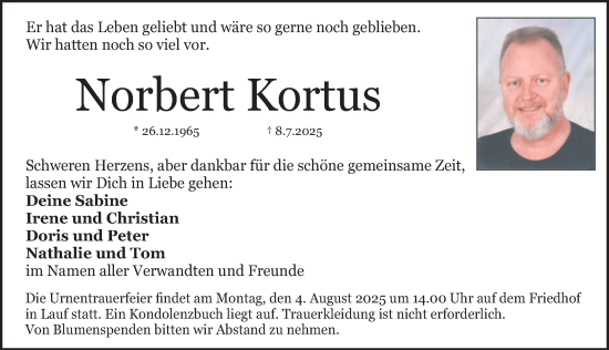 Traueranzeige von Norbert Kortus von Gesamtausgabe Nürnberger Nachrichten/ Nürnberger Ztg.