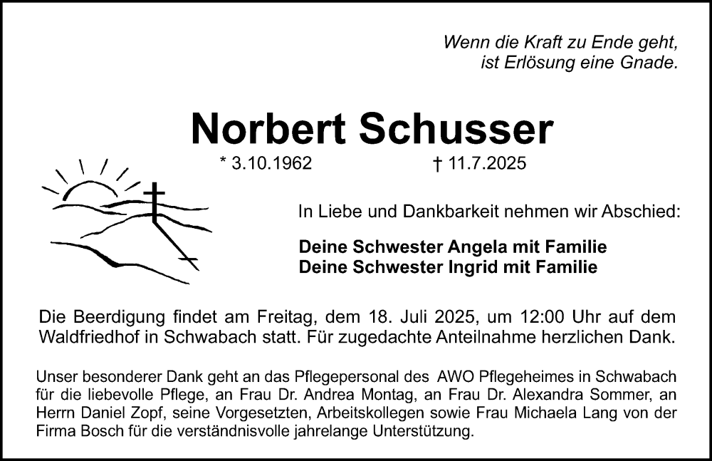  Traueranzeige für Norbert Schusser vom 16.07.2025 aus Schwabacher Tagblatt Lokal