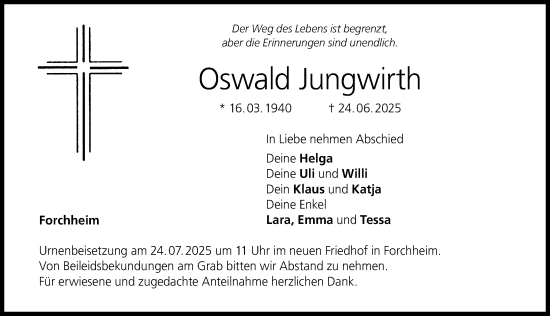 Traueranzeige von Oswald Jungwirth von Nordbayerische Nachrichten Forchheim Lokal