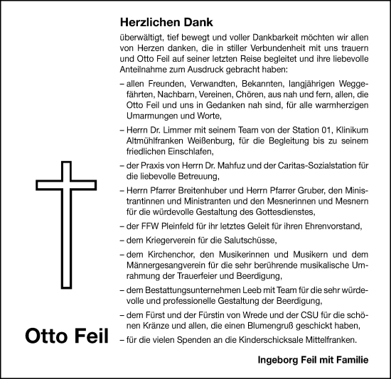 Traueranzeige von Otto Feil von Altmühl-Bote Lokal