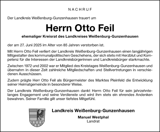 Traueranzeige von Otto Feil von Altmühl-Bote Lokal