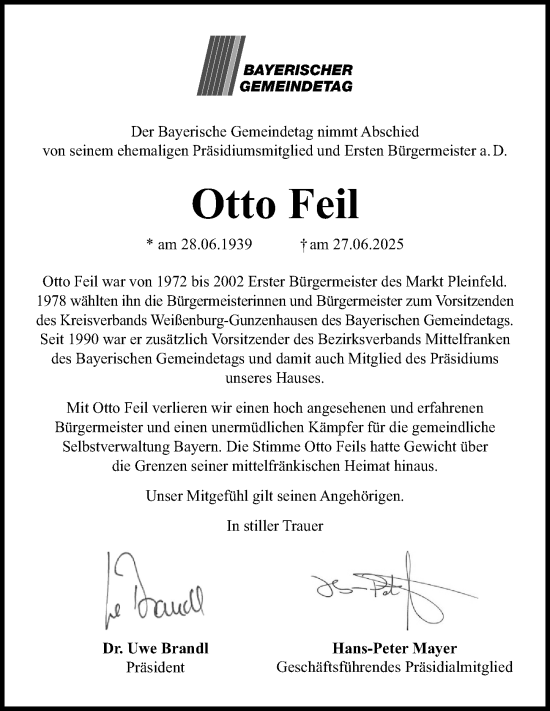 Traueranzeige von Otto Feil von Gesamtausgabe Nürnberger Nachrichten/ Nürnberger Ztg.