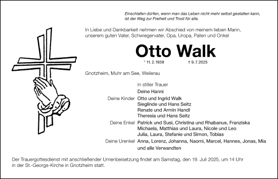 Traueranzeige von Otto Walk von Altmühl-Bote Lokal