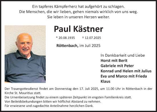 Traueranzeige von Paul Kästner von Nordbayerische Nachrichten Herzogenaurach Lokal