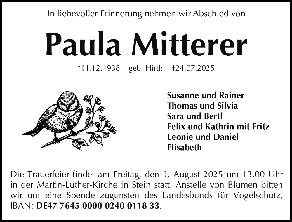  Traueranzeige für Paula Mitterer vom 30.07.2025 aus Gesamtausgabe Nürnberger Nachrichten/ Nürnberger Ztg.