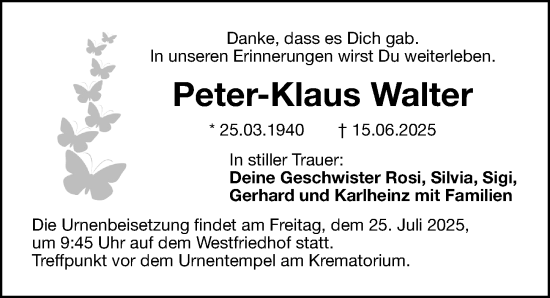 Traueranzeige von Peter-Klaus Walter von Gesamtausgabe Nürnberger Nachrichten/ Nürnberger Ztg.