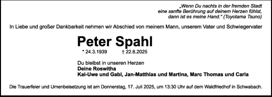 Traueranzeige von Peter Spahl von Gesamtausgabe Nürnberger Nachrichten/ Nürnberger Ztg.