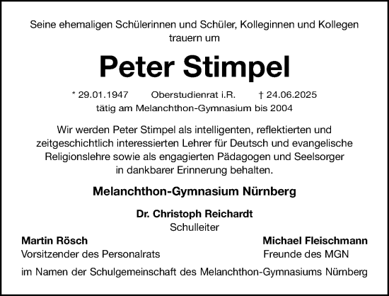 Traueranzeige von Peter Stimpel von Gesamtausgabe Nürnberger Nachrichten/ Nürnberger Ztg.