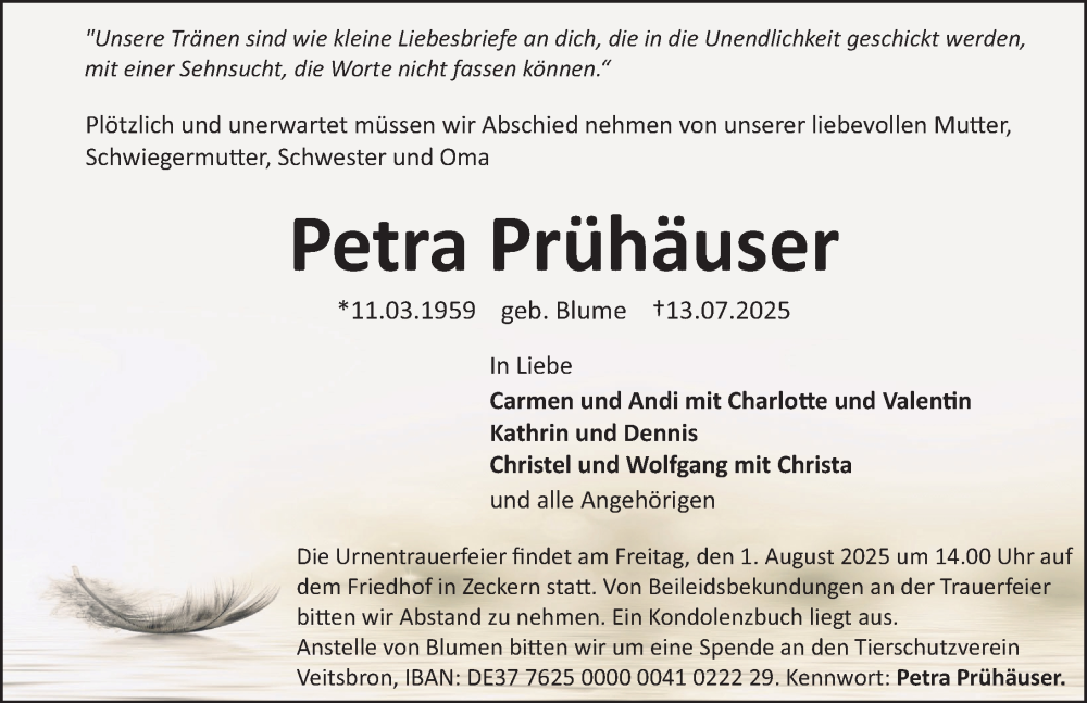  Traueranzeige für Petra Prühäuser vom 30.07.2025 aus Erlanger Nachrichten Lokal