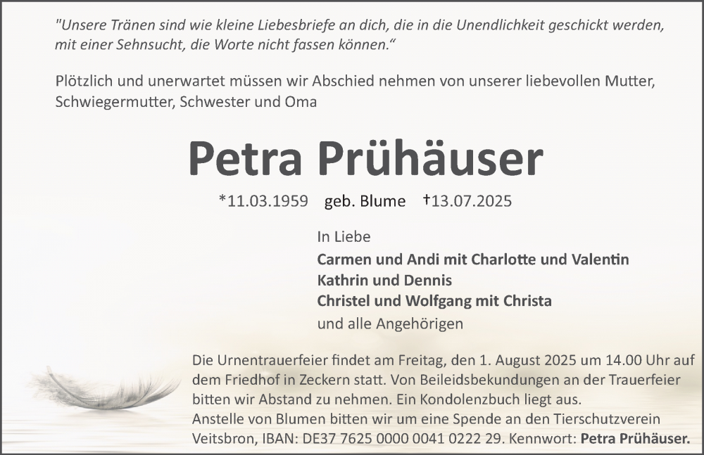  Traueranzeige für Petra Prühäuser vom 26.07.2025 aus Erlanger Nachrichten Lokal