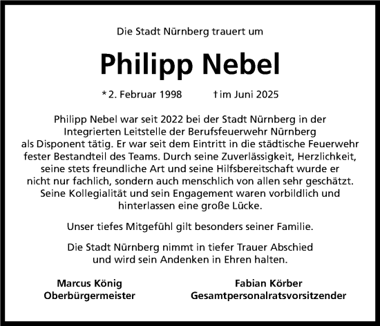 Traueranzeige von Philipp Nebel von Gesamtausgabe Nürnberger Nachrichten/ Nürnberger Ztg.