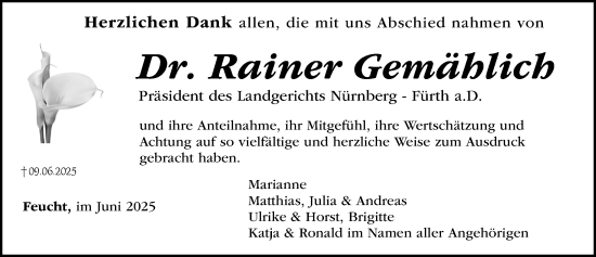 Traueranzeige von Rainer Gemählich von Gesamtausgabe Nürnberger Nachrichten/ Nürnberger Ztg.