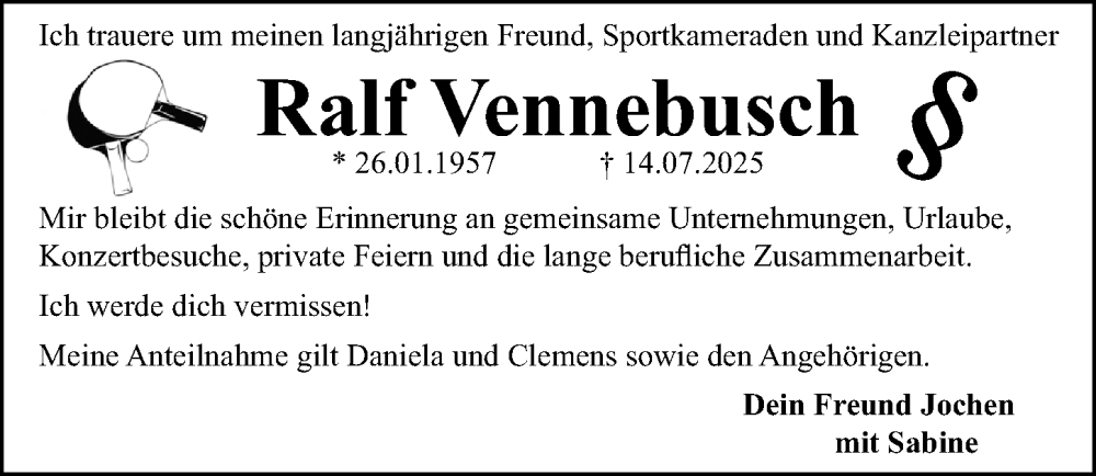  Traueranzeige für Ralf Vennebusch vom 19.07.2025 aus Gesamtausgabe Nürnberger Nachrichten/ Nürnberger Ztg.