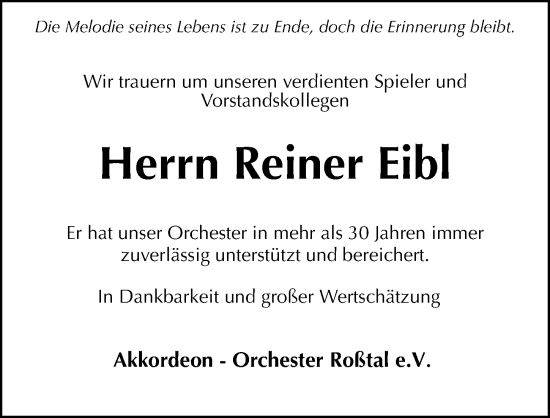 Traueranzeige von Reiner Eibl von Fürther Nachrichten Lokal