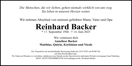 Traueranzeige von Reinhard Backer von Gesamtausgabe Nürnberger Nachrichten/ Nürnberger Ztg.