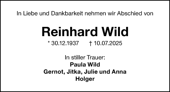 Traueranzeige von Reinhard Wild von Gesamtausgabe Nürnberger Nachrichten/ Nürnberger Ztg.