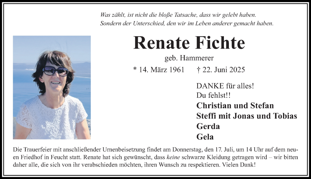  Traueranzeige für Renate Fichte vom 12.07.2025 aus Gesamtausgabe Nürnberger Nachrichten/ Nürnberger Ztg.