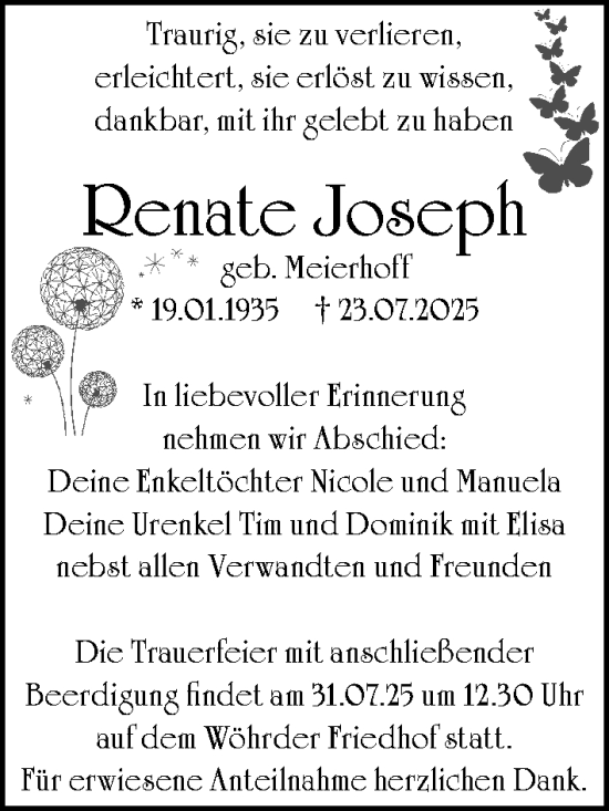 Traueranzeige von Renate Joseph von Gesamtausgabe Nürnberger Nachrichten/ Nürnberger Ztg.
