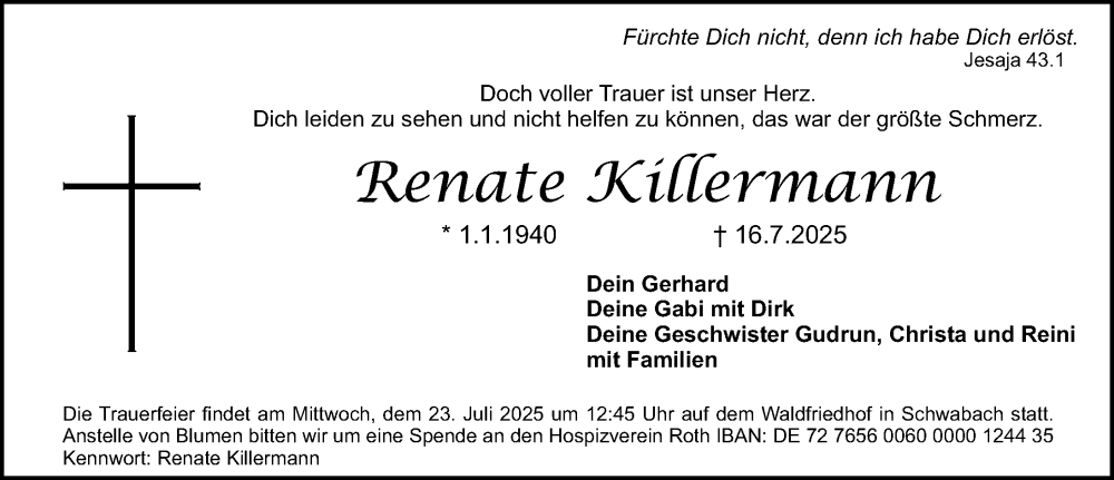  Traueranzeige für Renate Killermann vom 22.07.2025 aus Schwabacher Tagblatt Lokal