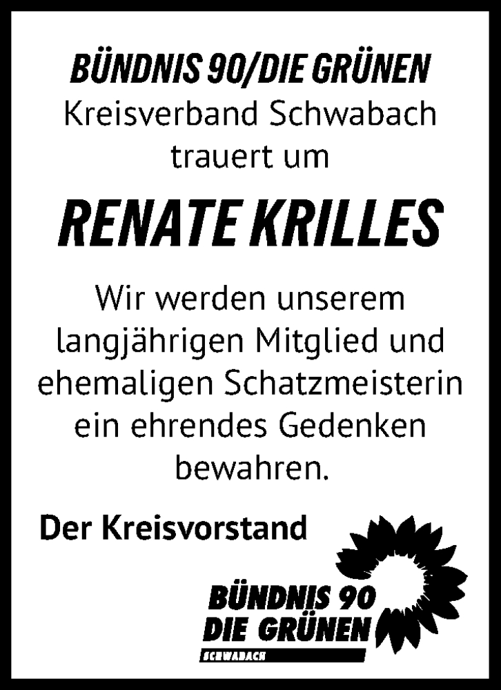  Traueranzeige für Renate Krilles vom 29.07.2025 aus Schwabacher Tagblatt Lokal
