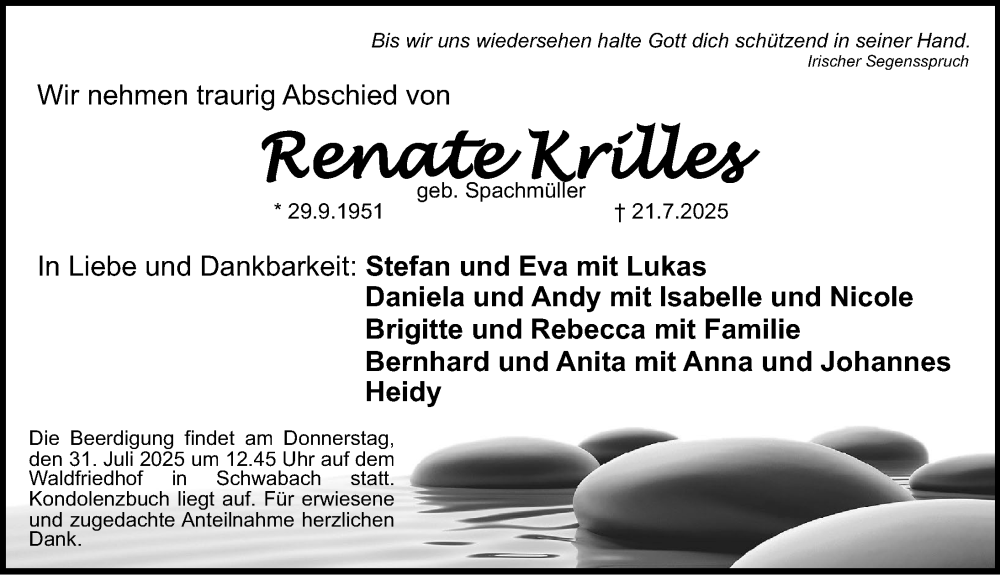  Traueranzeige für Renate Krilles vom 26.07.2025 aus Schwabacher Tagblatt Lokal