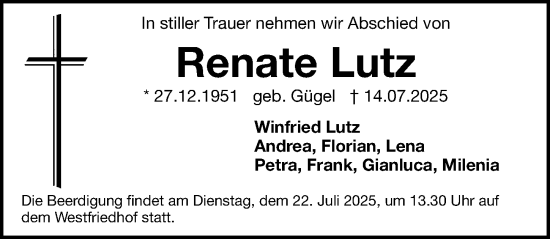 Traueranzeige von Renate Lutz von Gesamtausgabe Nürnberger Nachrichten/ Nürnberger Ztg.