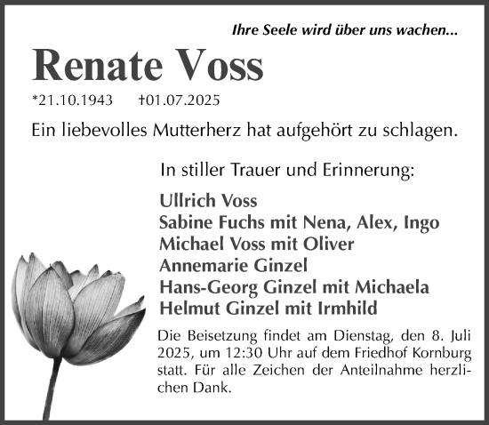 Traueranzeige von Renate Voss von Gesamtausgabe Nürnberger Nachrichten/ Nürnberger Ztg.