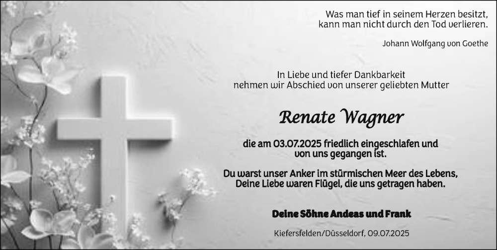  Traueranzeige für Renate Wagner vom 09.07.2025 aus Gesamtausgabe Nürnberger Nachrichten/ Nürnberger Ztg.