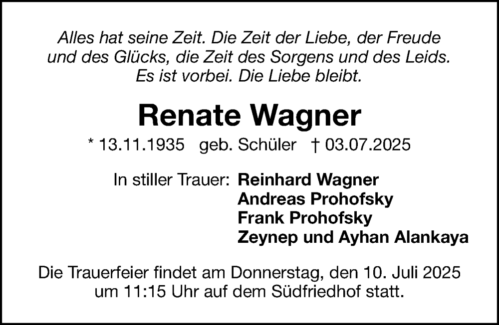  Traueranzeige für Renate Wagner vom 08.07.2025 aus Gesamtausgabe Nürnberger Nachrichten/ Nürnberger Ztg.