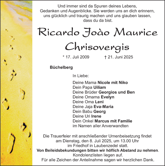Traueranzeige von Ricardo  Chrisovergis von Altmühl-Bote Lokal