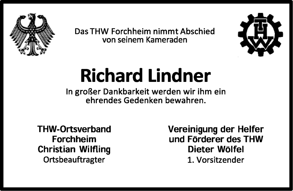  Traueranzeige für Richard Lindner vom 09.07.2025 aus Nordbayerische Nachrichten Forchheim Lokal