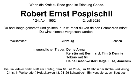Traueranzeige von Robert Ernst Pospischil von Schwabacher Tagblatt Lokal