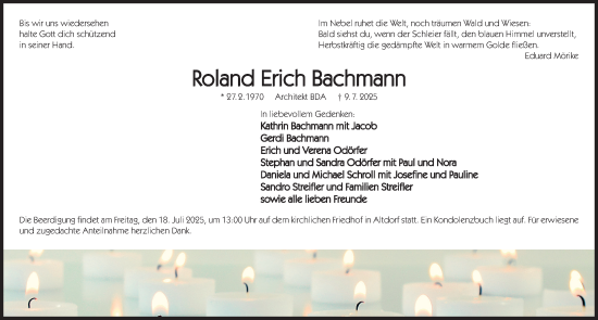 Traueranzeige von Roland Erich Bachmann von Gesamtausgabe Nürnberger Nachrichten/ Nürnberger Ztg.