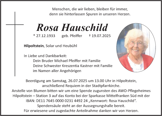 Traueranzeige von Rosa Hauschild von Roth-Hilpoltsteiner Volkszeitung Lokal