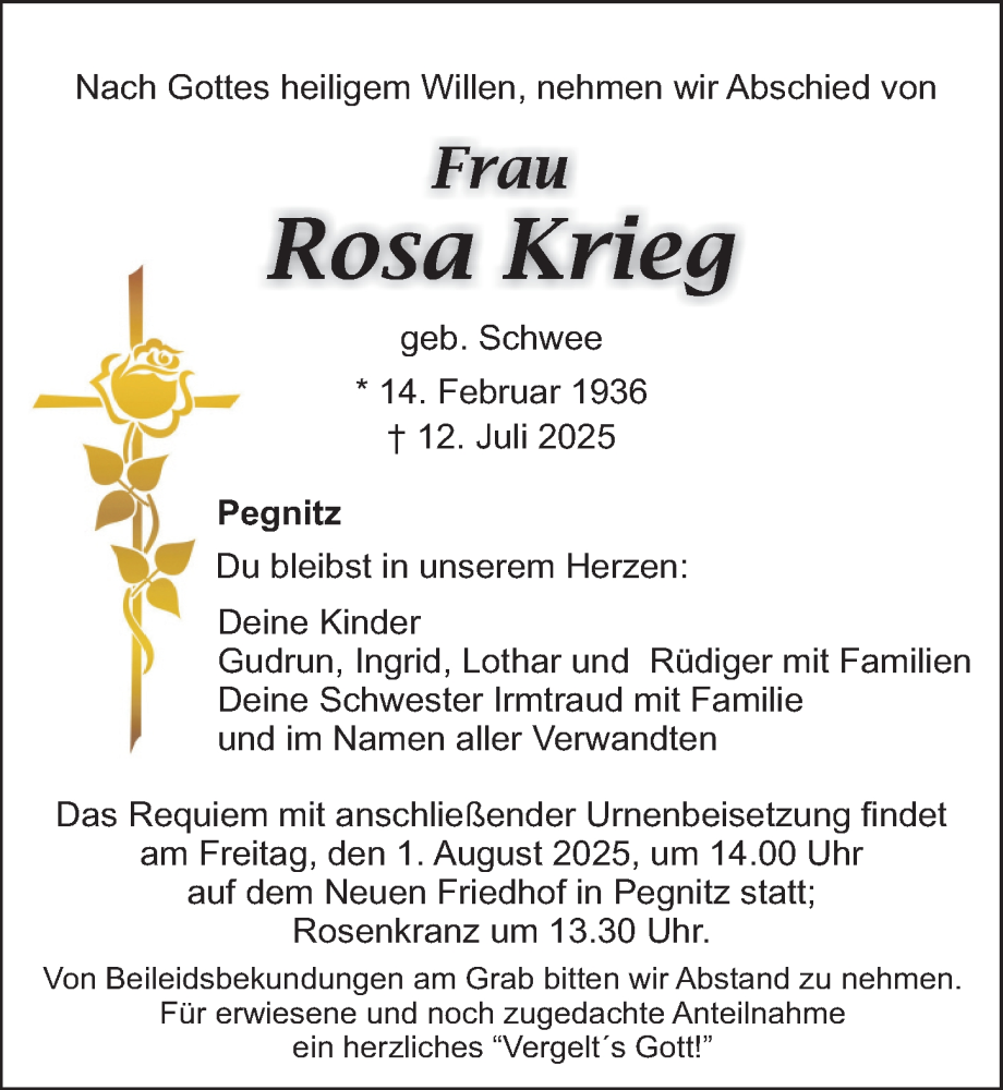  Traueranzeige für Rosa Krieg vom 26.07.2025 aus Nordbayerische Nachrichten Pegnitz Lokal