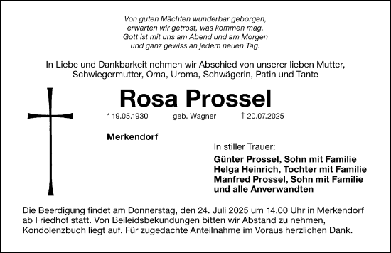Traueranzeige von Rosa Prossel von Altmühl-Bote Lokal