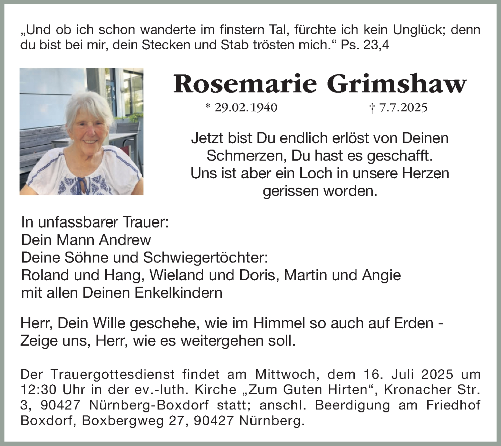  Traueranzeige für Rosemarie Grimshaw vom 12.07.2025 aus Gesamtausgabe Nürnberger Nachrichten/ Nürnberger Ztg.