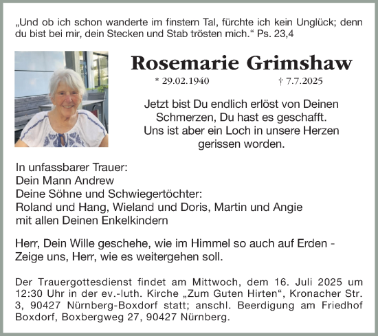 Traueranzeige von Rosemarie Grimshaw von Gesamtausgabe Nürnberger Nachrichten/ Nürnberger Ztg.