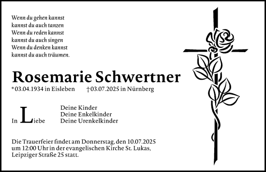 Traueranzeige von Rosemarie Schwertner von Gesamtausgabe Nürnberger Nachrichten/ Nürnberger Ztg.