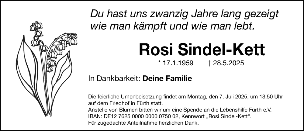  Traueranzeige für Rosi Sindel-Kett vom 02.07.2025 aus Gesamtausgabe Nürnberger Nachrichten/ Nürnberger Ztg.